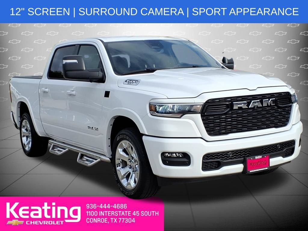2025 RAM 1500 Big Horn Crew Cab 4x4 5'7" Box in White — front three-quarter view