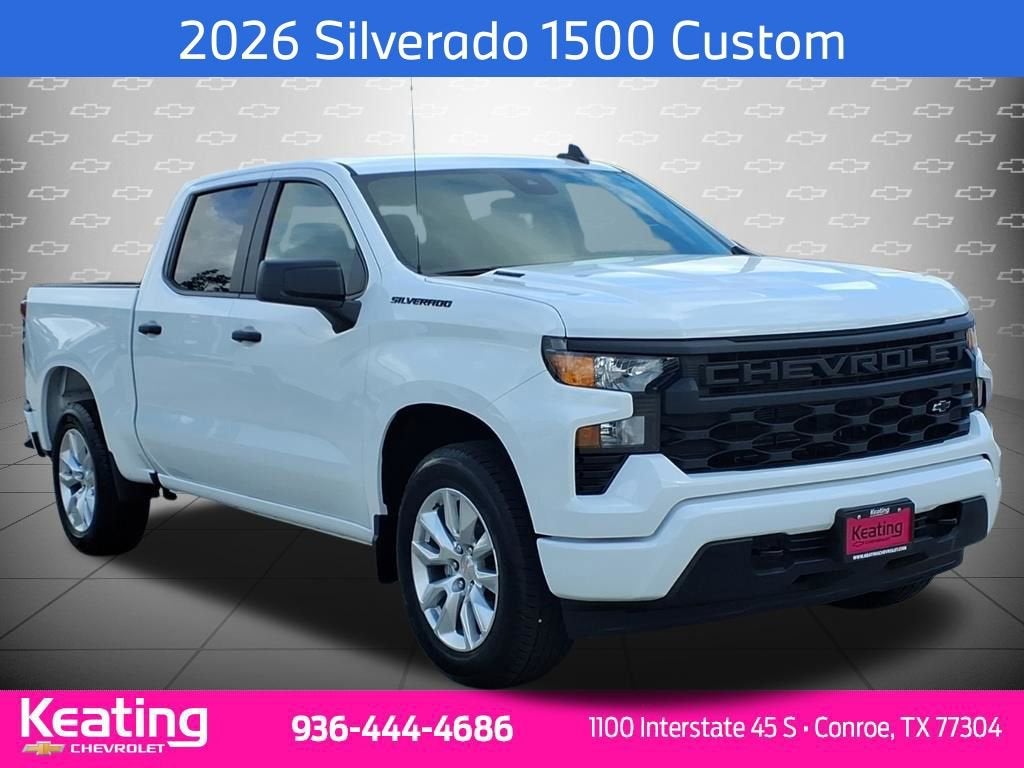 2026 Chevrolet Silverado 1500 Custom in Summit White — front three-quarter view