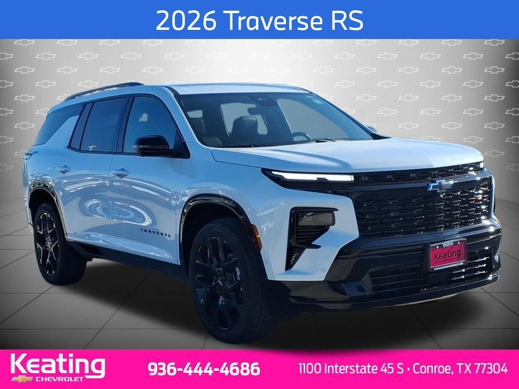 2026 Chevrolet Traverse RS in Polar White Tricoat — front three-quarter view