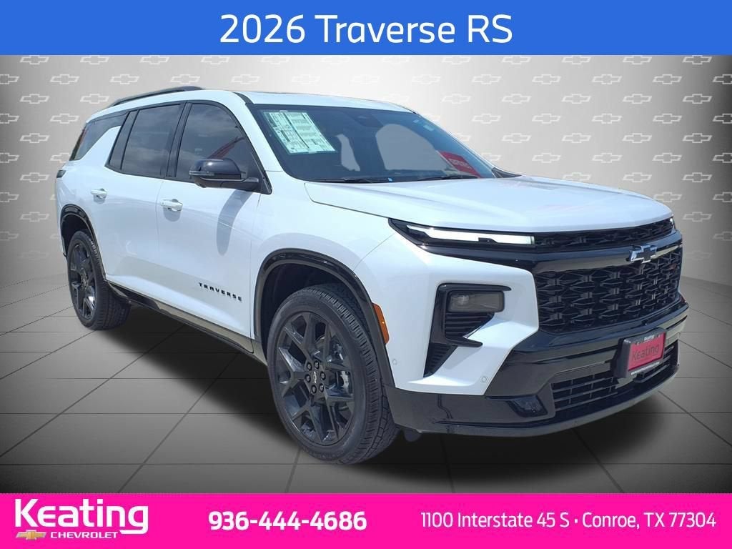 2026 Chevrolet Traverse RS in Polar White Tricoat — front three-quarter view