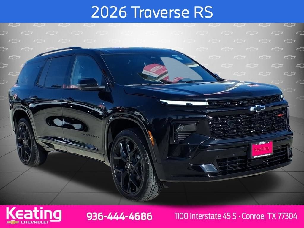 2026 Chevrolet Traverse RS in Mosaic Black Metallic — front three-quarter view