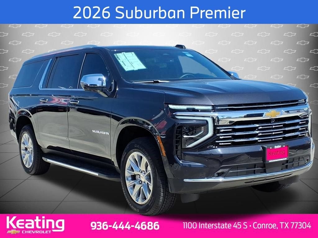 2026 Chevrolet Suburban Premier in Dark Ash Metallic — front three-quarter view