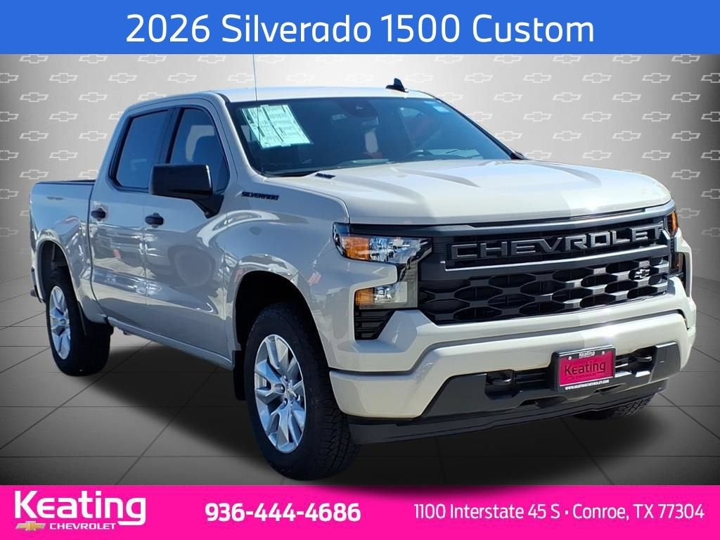 2026 Chevrolet Silverado 1500 Custom in White Sands — front three-quarter view