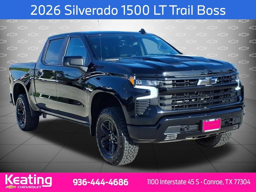2026 Chevrolet Silverado 1500 LT Trail Boss in Black — front three-quarter view